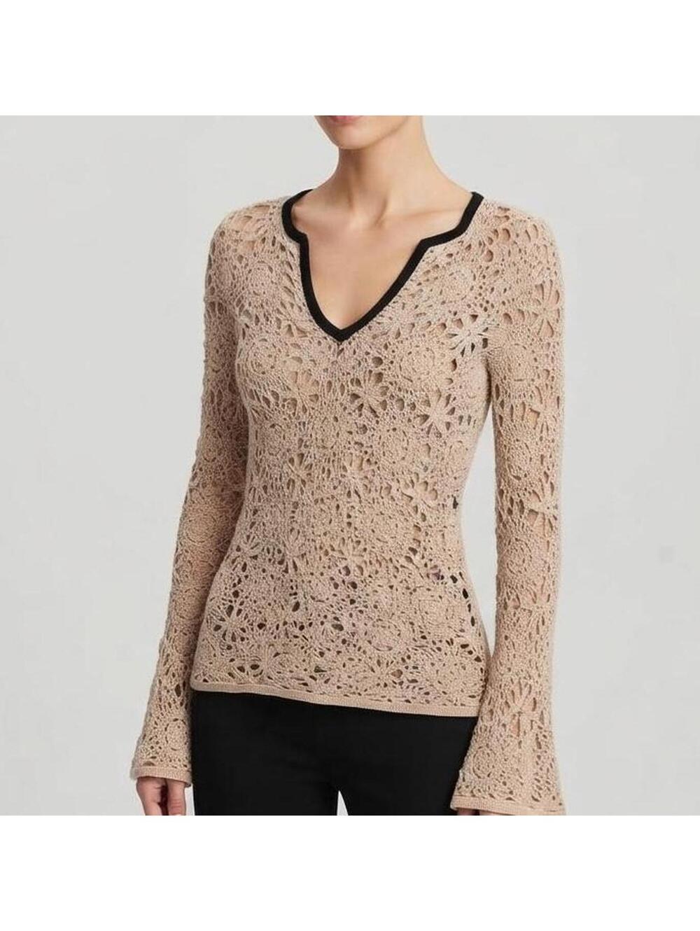 INC International Concepts Tan Crochet Long Sleeve Top Size S
